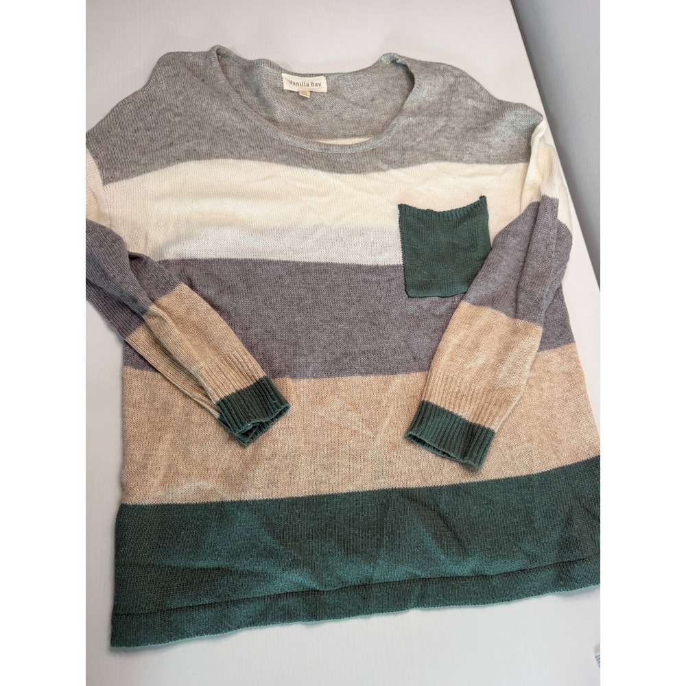 Vanilla Bay Womens Striped Long Sleeve Pocket Sweater Grey Green Tan Size Small - Picture 10 of 11